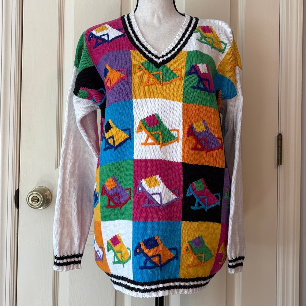 Vtg. 80s/90s Casa Maglia Color Block Beach Chair Funky V-neck Sweater size M